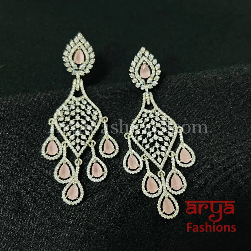 Pink Silver Cubic Zirconia Chandbali/ CZ Cocktail Chandbali Earrings