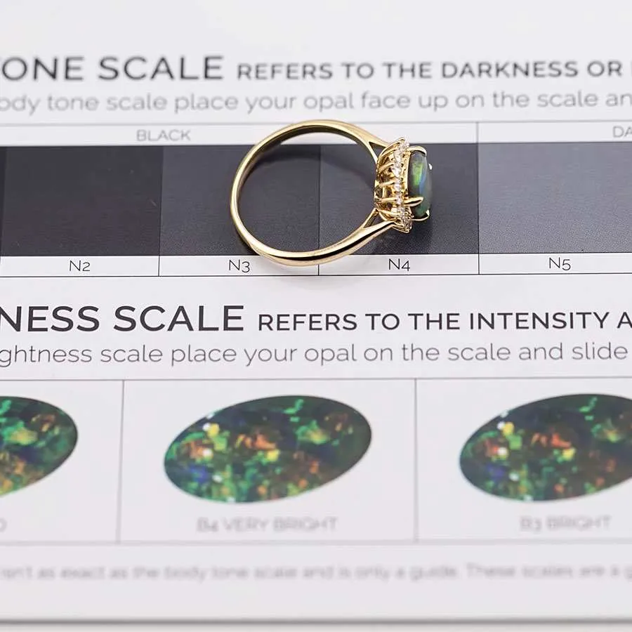 Play of Color Black Opal Diamond Halo Engagement Ring 18K Yellow Gold