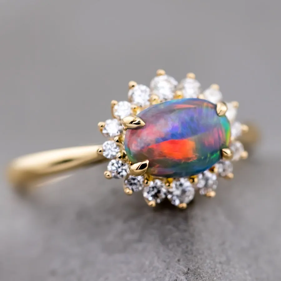 Play of Color Black Opal Diamond Halo Engagement Ring 18K Yellow Gold
