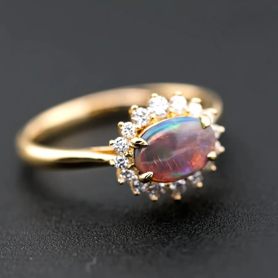 Play of Color Black Opal Diamond Halo Engagement Ring 18K Yellow Gold