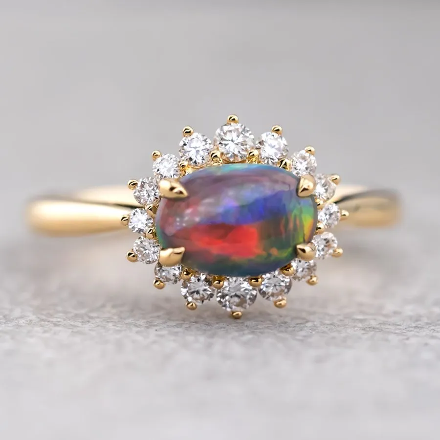 Play of Color Black Opal Diamond Halo Engagement Ring 18K Yellow Gold
