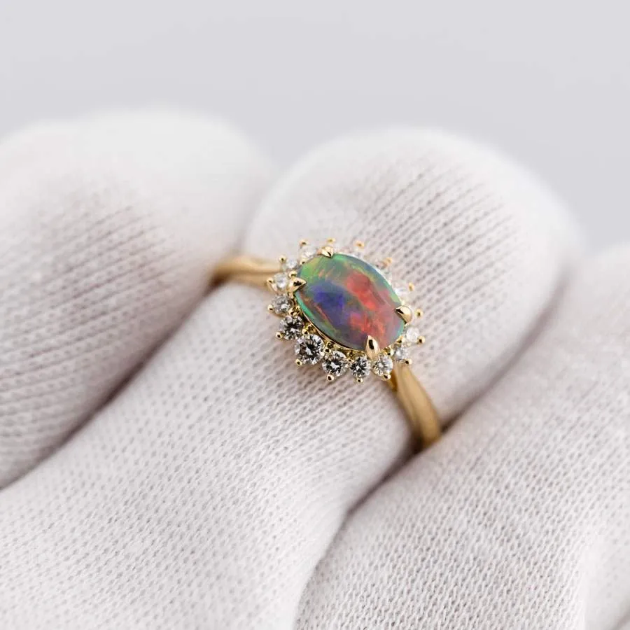 Play of Color Black Opal Diamond Halo Engagement Ring 18K Yellow Gold