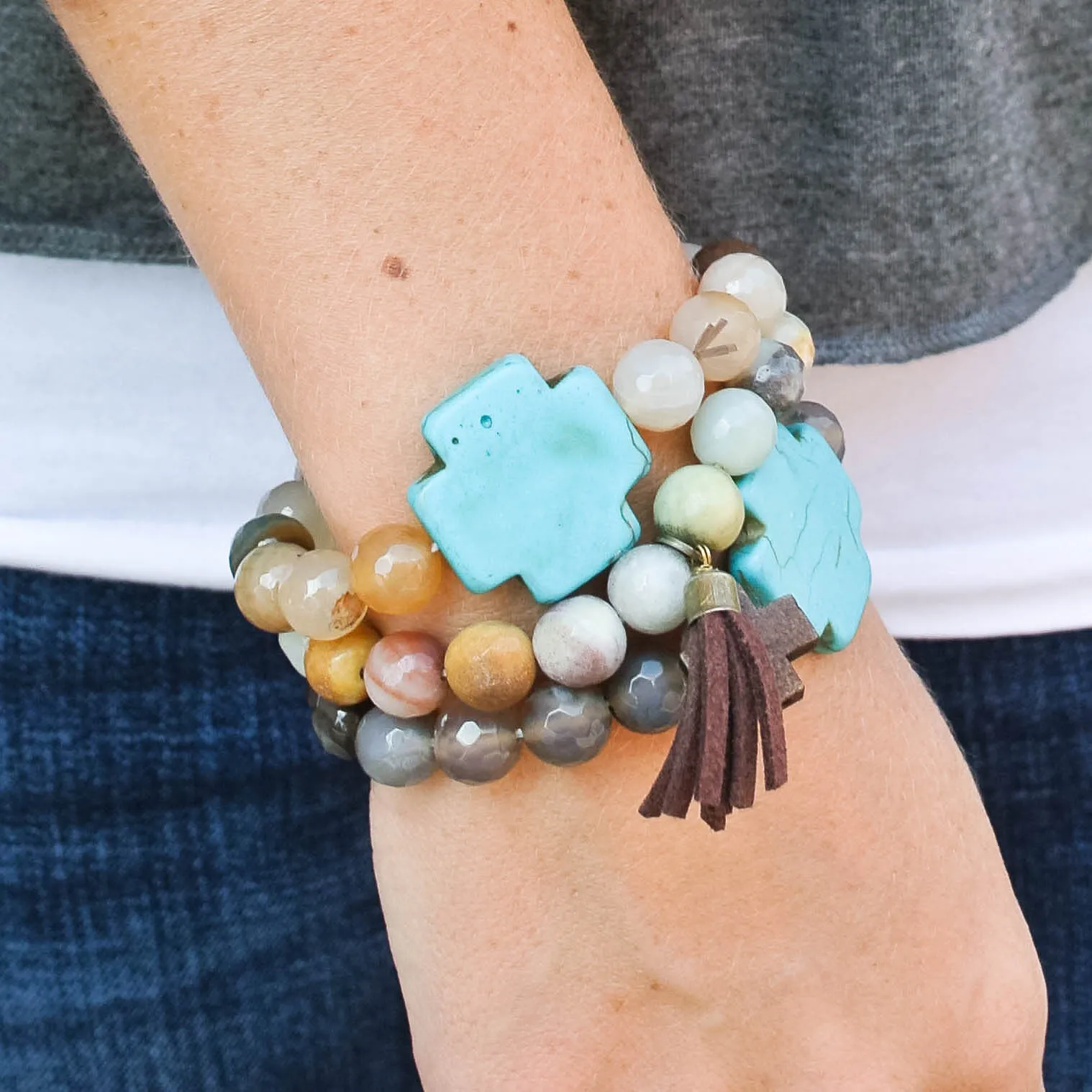 "Riley" Grey Marbled and Turquoise Cross Bracelet