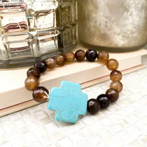 "Riley" Grey Marbled and Turquoise Cross Bracelet