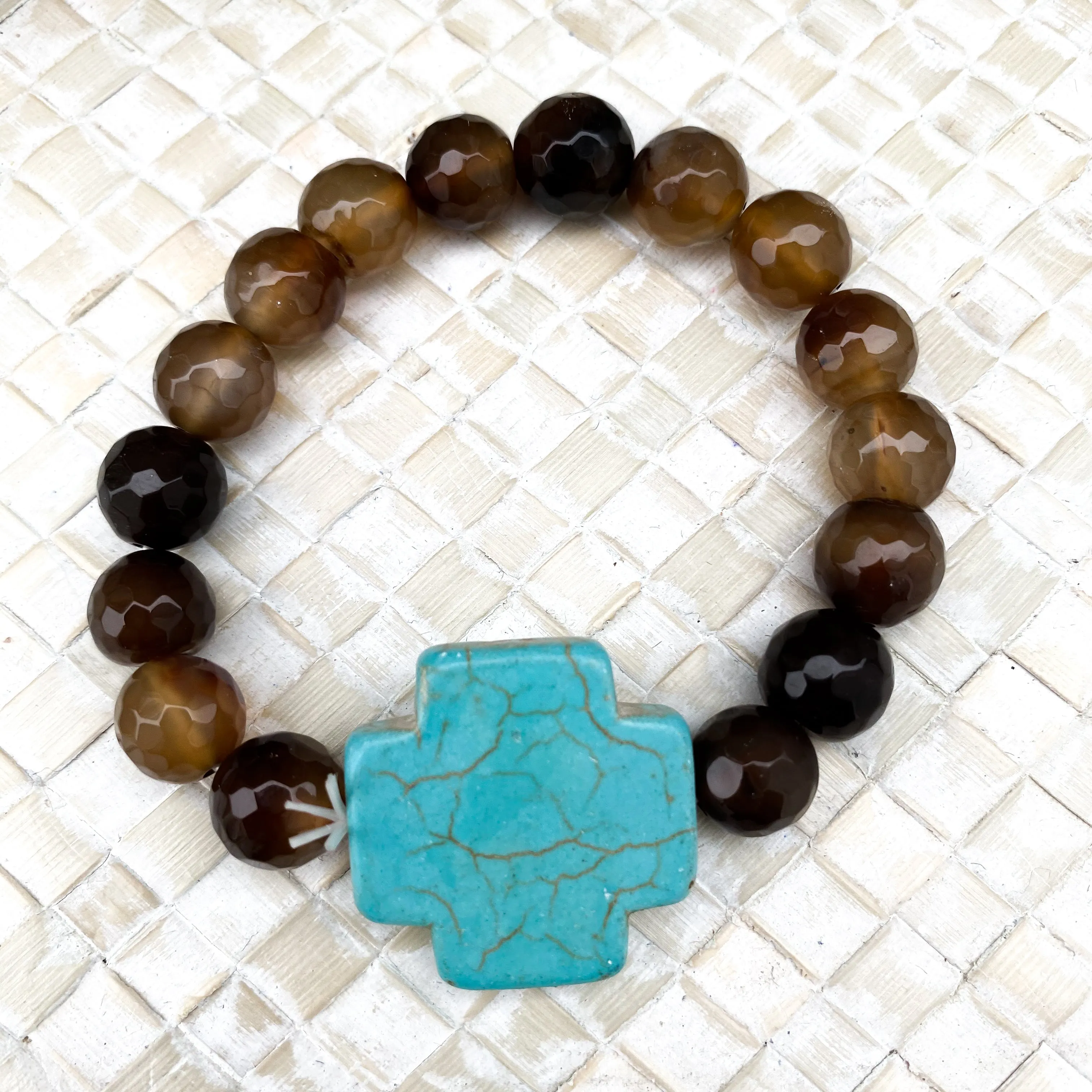 "Riley" Grey Marbled and Turquoise Cross Bracelet