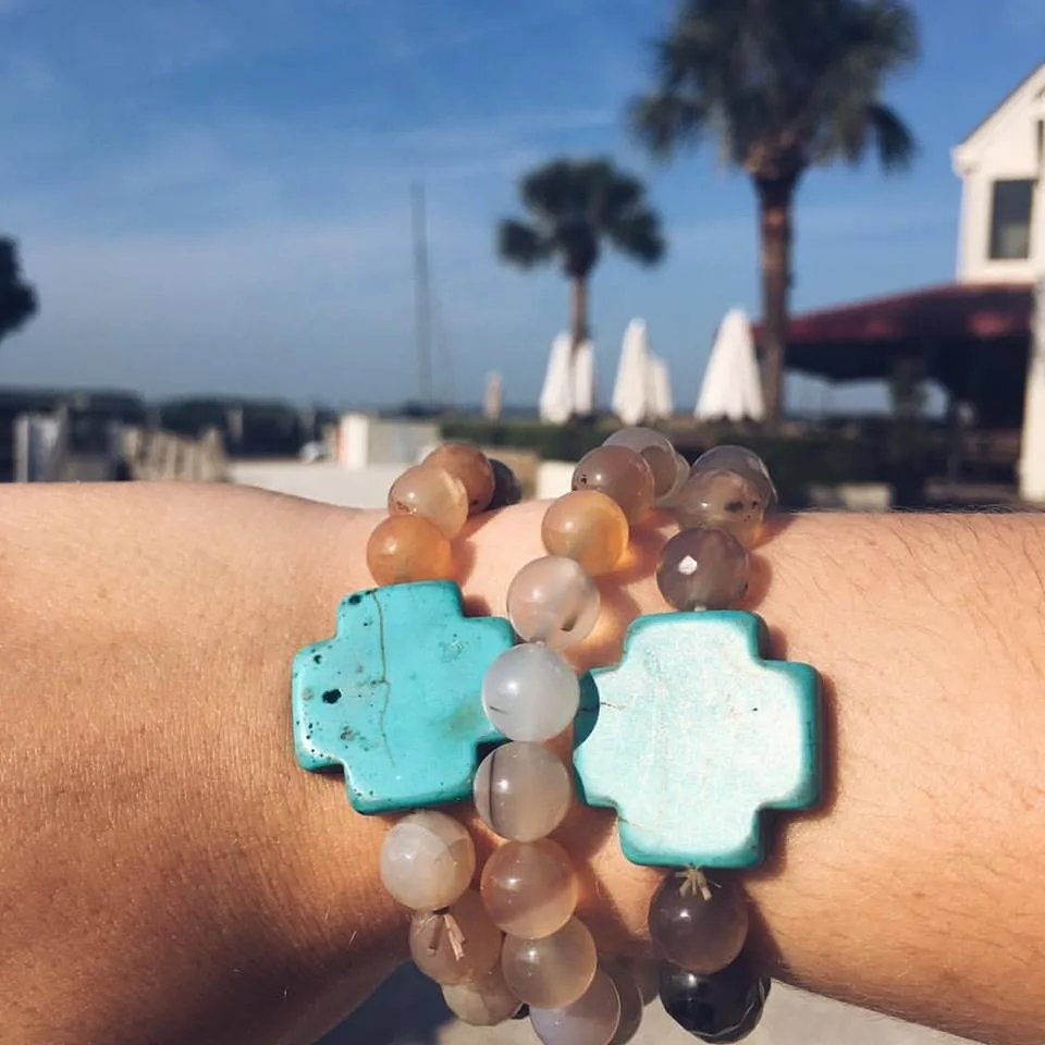 "Riley" Grey Marbled and Turquoise Cross Bracelet