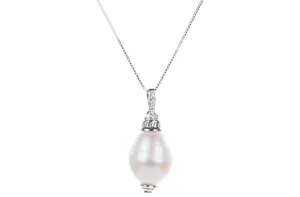 Rice Shape Freshwater Pearl Pendant and Sterling Silver (925) Chain Necklace 12mm