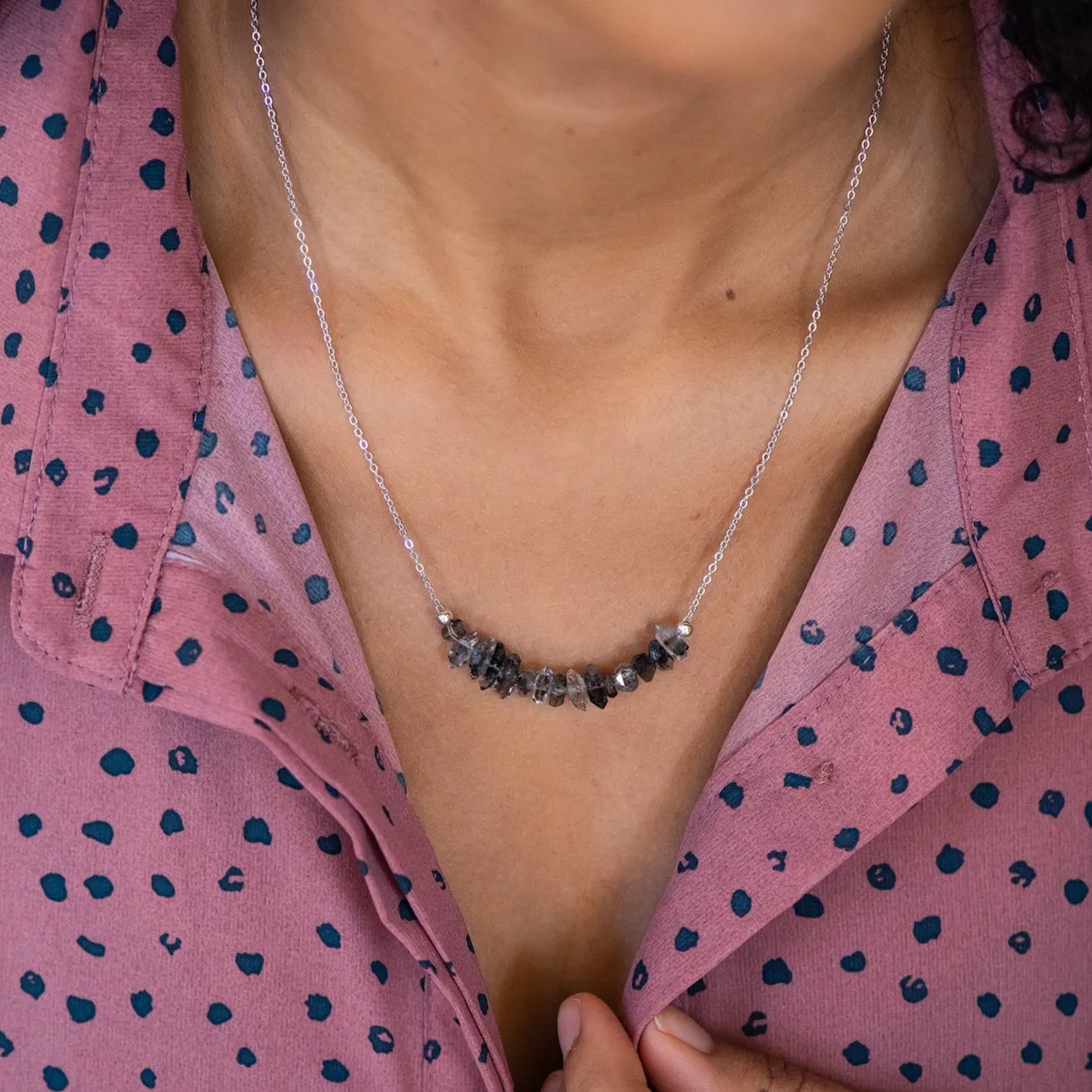 Salt & Pepper Herkimer Diamond Raw Crystal Bar Necklace