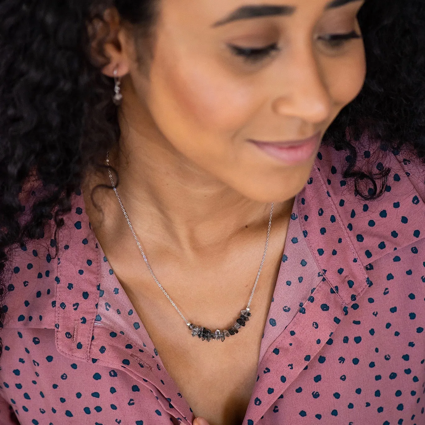 Salt & Pepper Herkimer Diamond Raw Crystal Bar Necklace