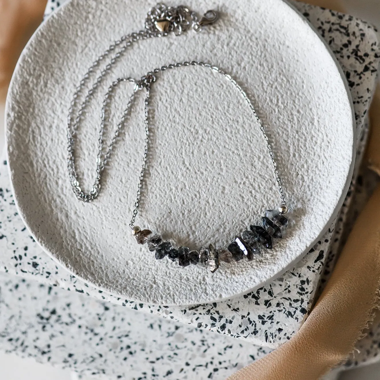 Salt & Pepper Herkimer Diamond Raw Crystal Bar Necklace