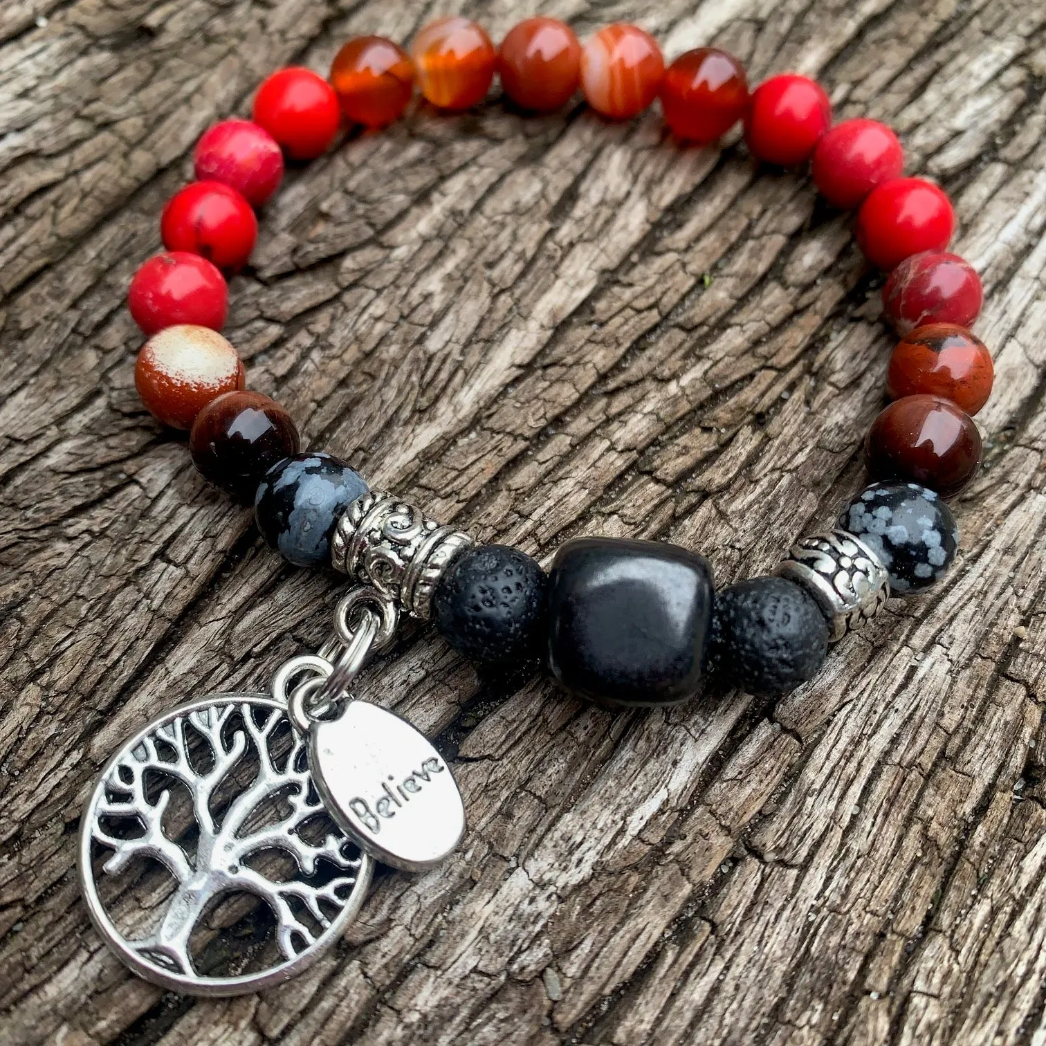 Shungite Amplified ROOT Chakra Bracelet ~ Tree of Life and BELIEVE Charms ~ Medium [#28]