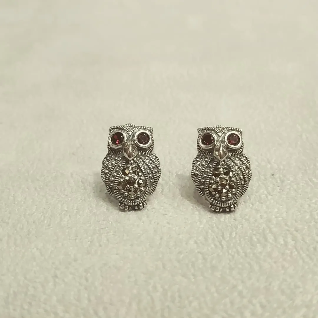 Silver Marcasite Garnet Owl Studs Earrings