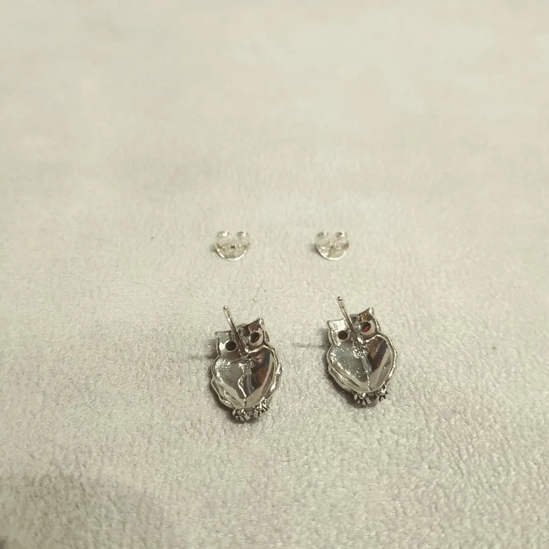 Silver Marcasite Garnet Owl Studs Earrings