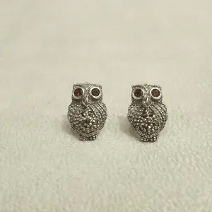 Silver Marcasite Garnet Owl Studs Earrings