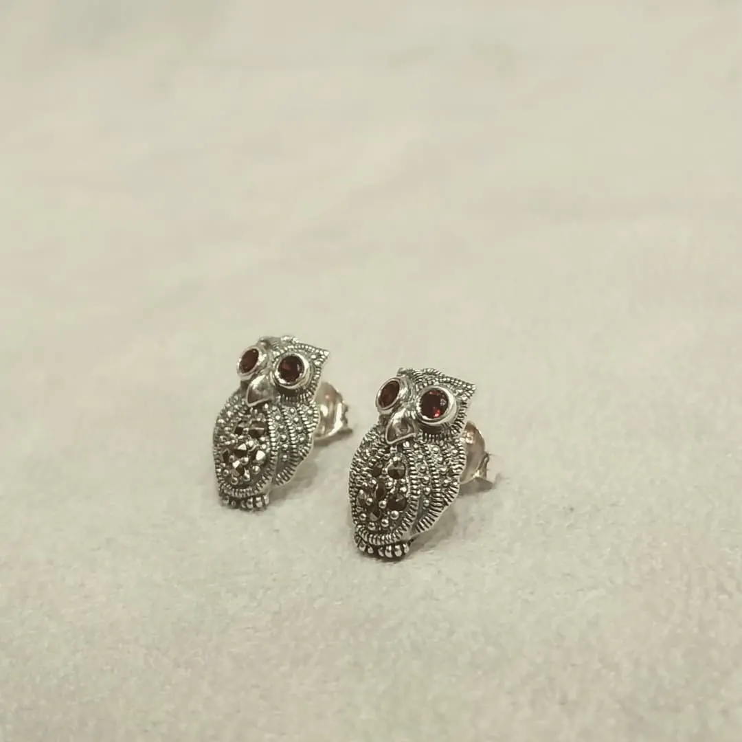 Silver Marcasite Garnet Owl Studs Earrings