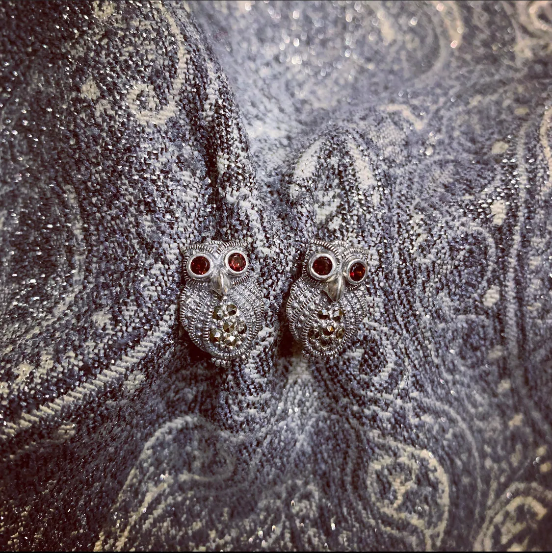 Silver Marcasite Garnet Owl Studs Earrings
