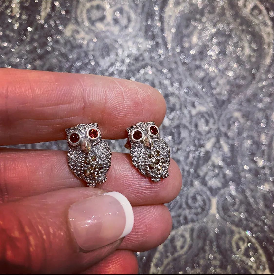 Silver Marcasite Garnet Owl Studs Earrings