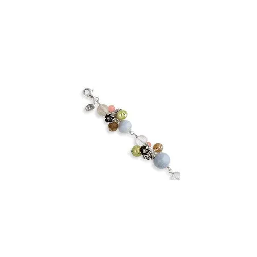 Sterling Silver Agate Coral Rutilated Quartz Green Cultured Pearl Bracelet