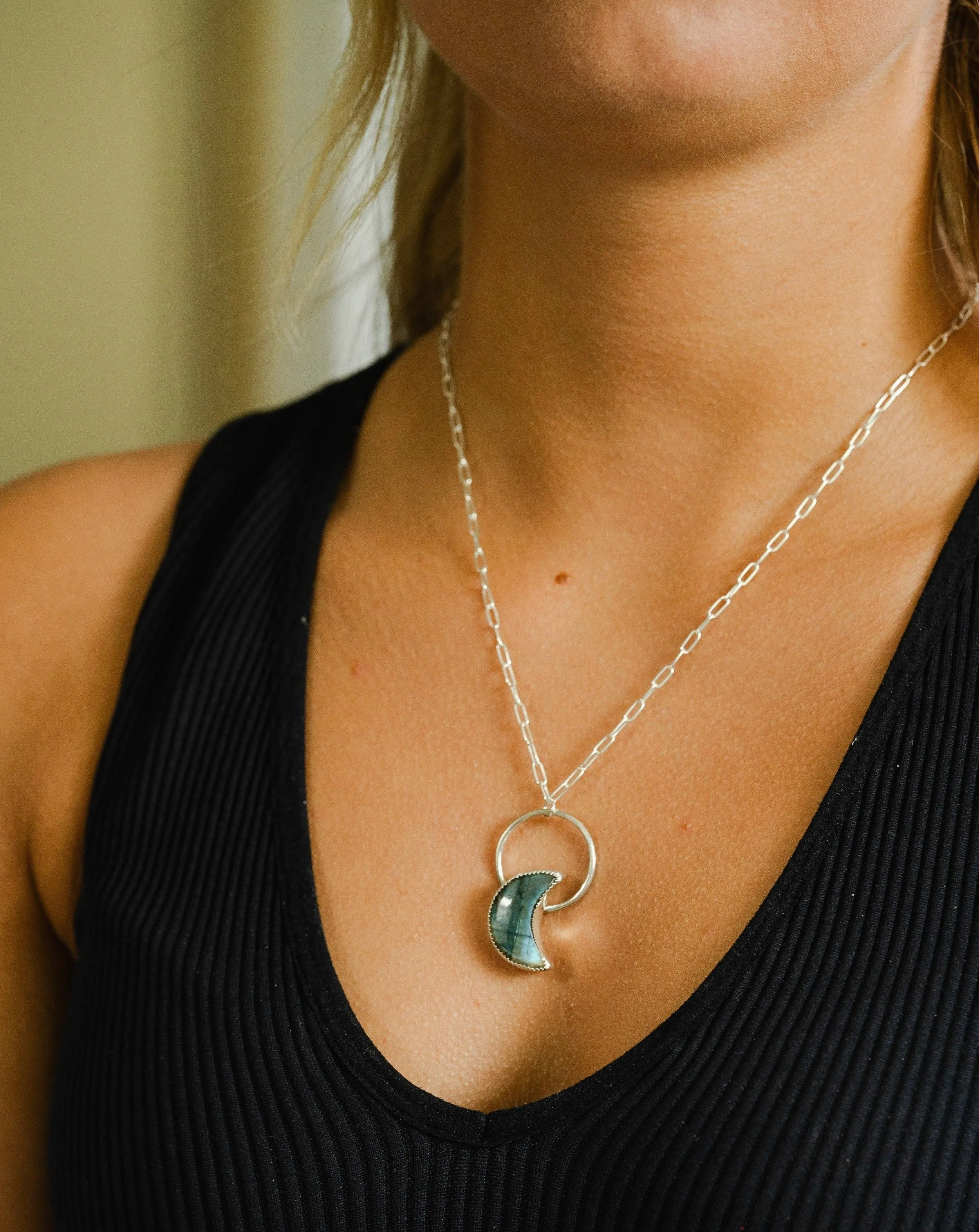 Sterling Silver Labradorite Moon Necklace