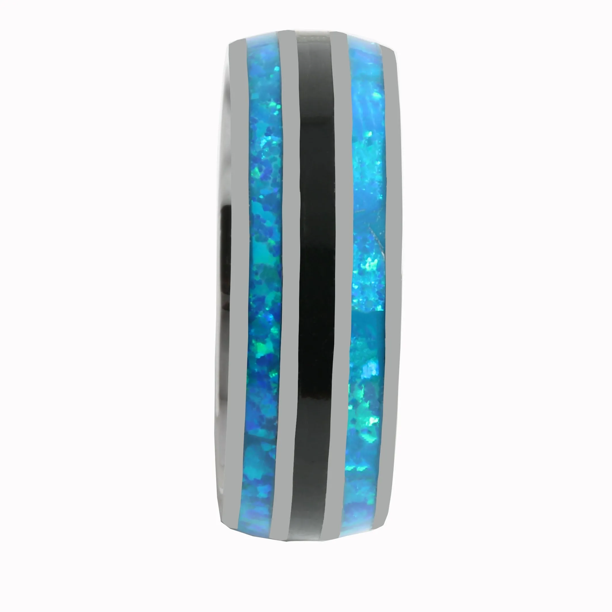 Tantalum with Blue Opal and Onyx Inlaid Wedding Ring Barrel 8mm