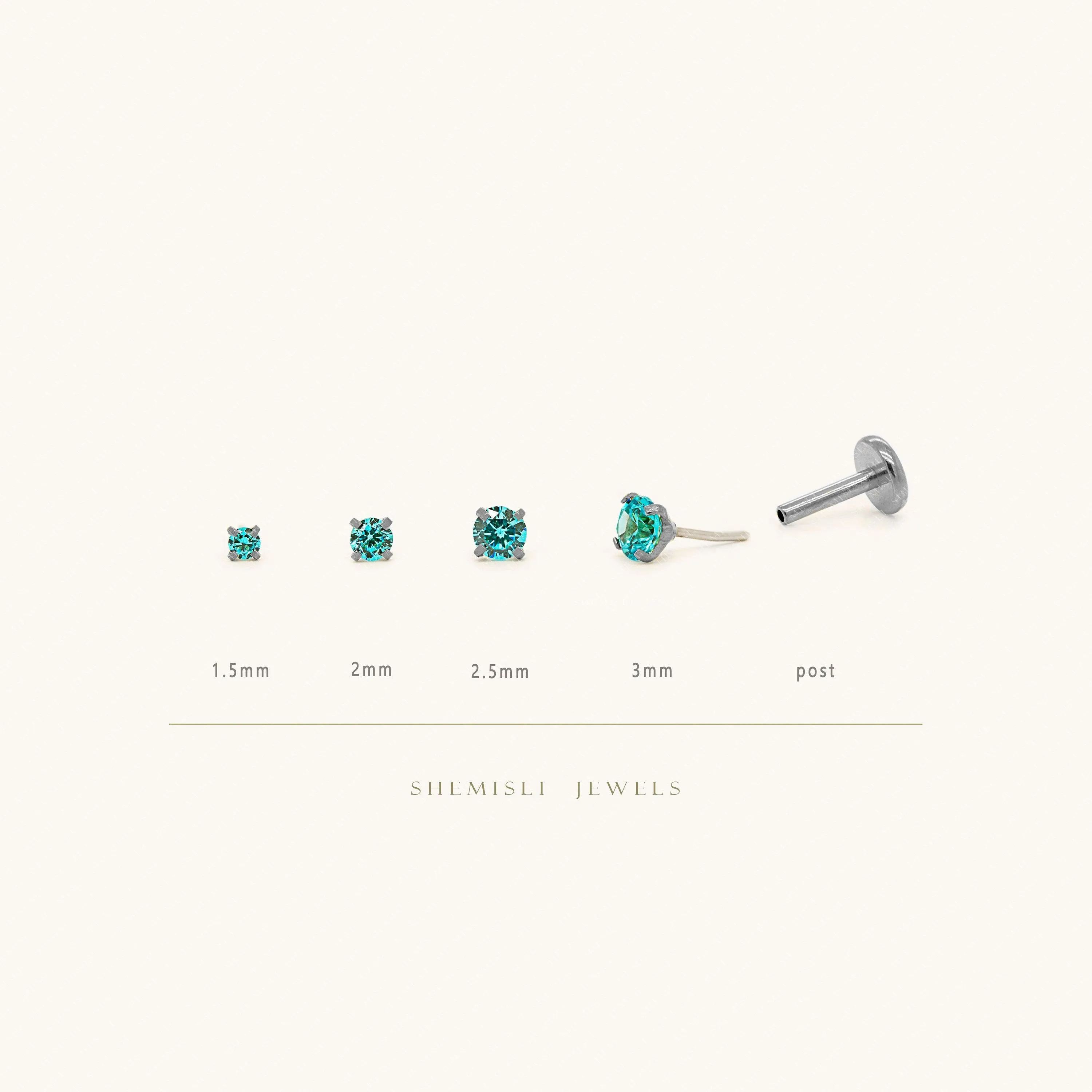 Tiny Blue Zircon Steel Threadless Flat Back Earrings, Nose Stud, December Birthstone, 20,18,16ga, 5-10mm, SS629 SS630 SS631 SS632