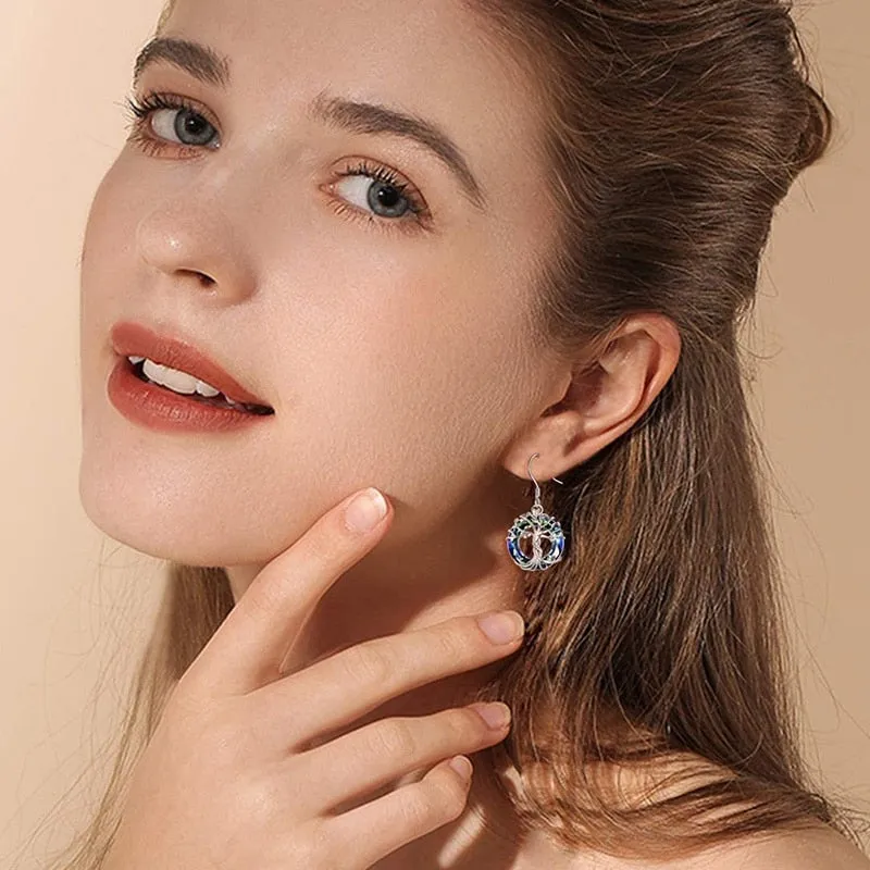 Tree Drop Earrings with Blue Crystal