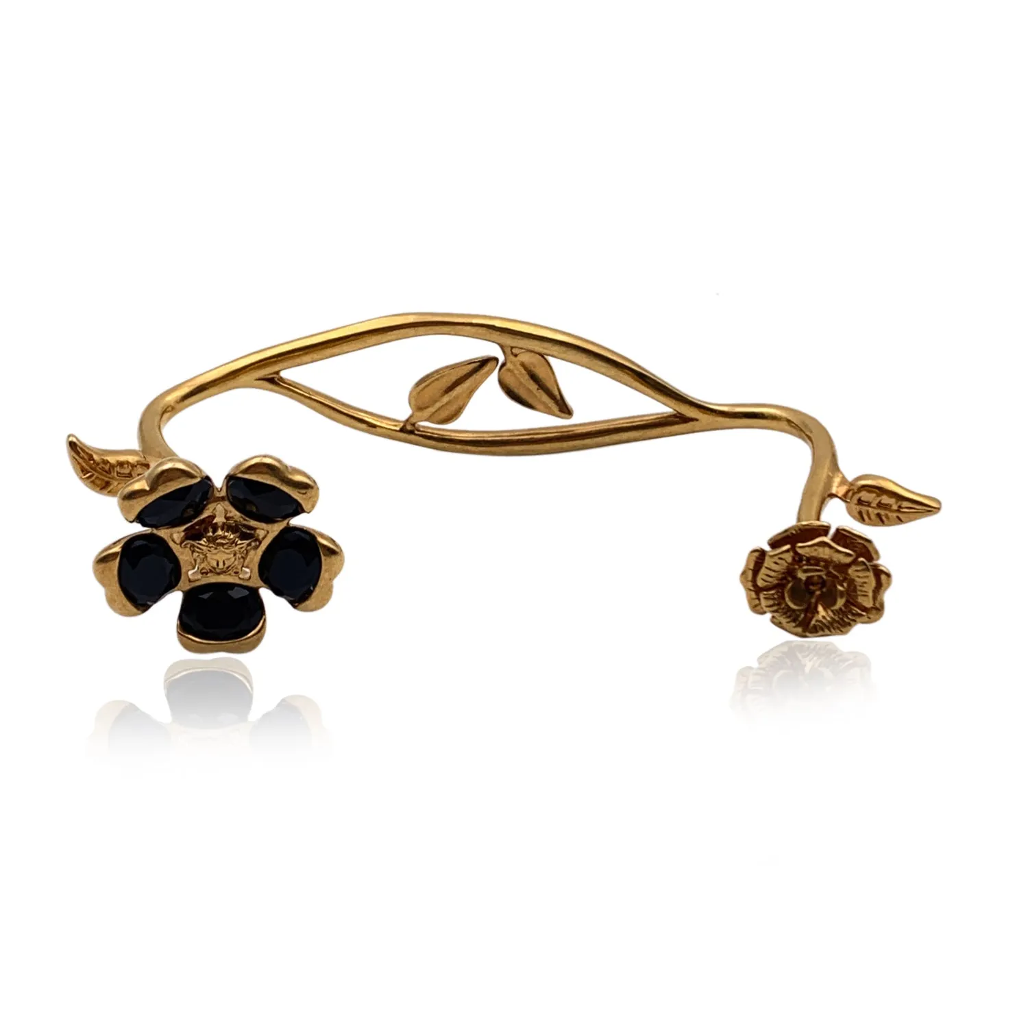 Versace Gold Metal Garden V-Floral  Hand Cuff Bracelet Black