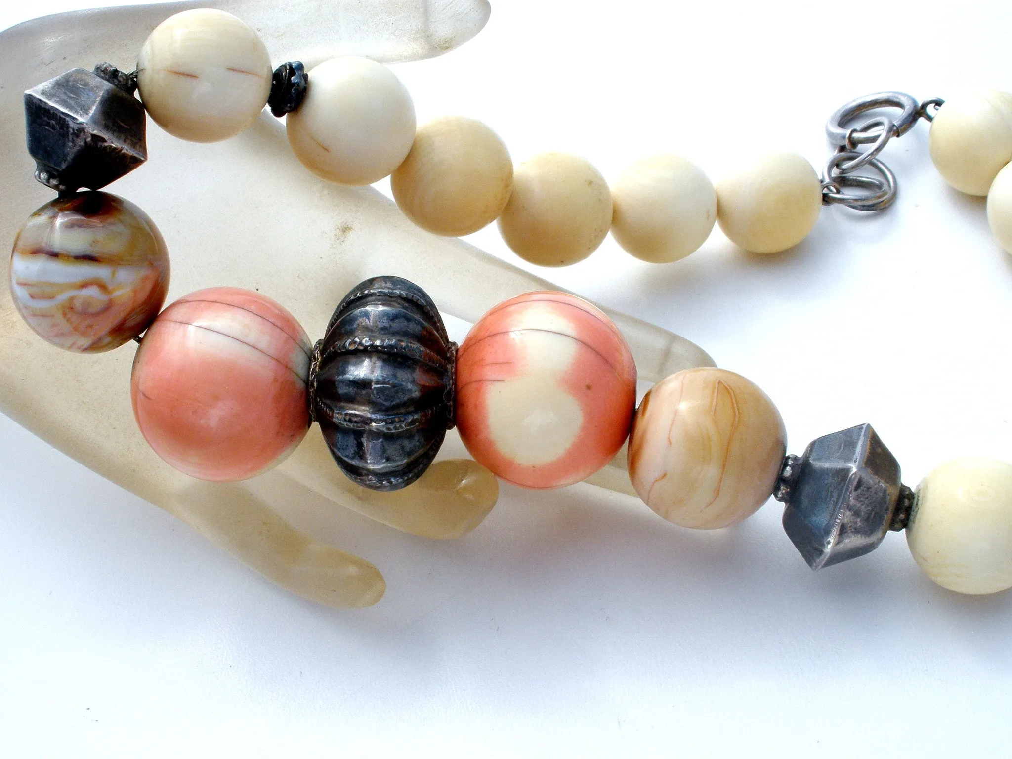 Victorian Bone & Jasper Bead Necklace 16"
