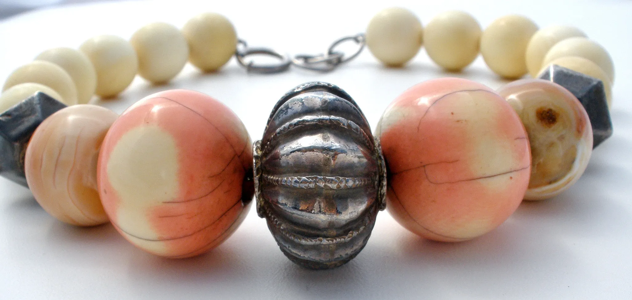 Victorian Bone & Jasper Bead Necklace 16"