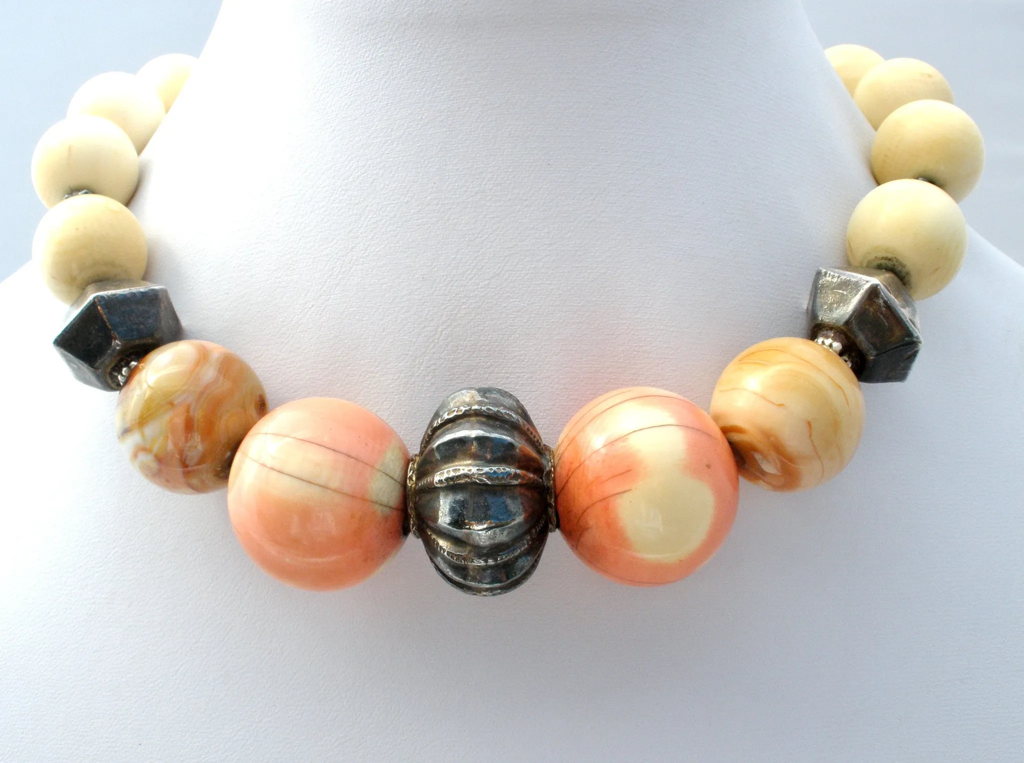 Victorian Bone & Jasper Bead Necklace 16"