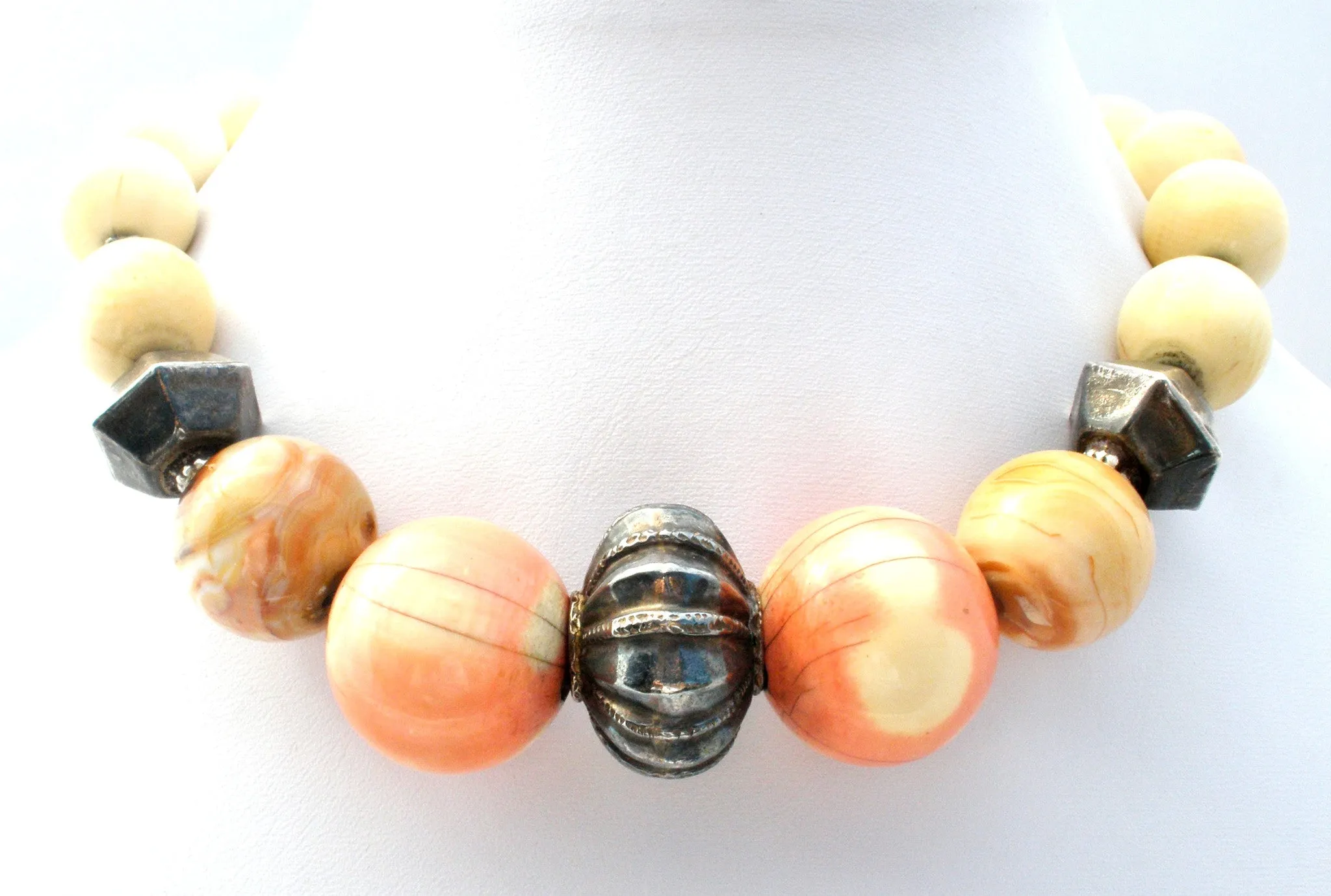 Victorian Bone & Jasper Bead Necklace 16"