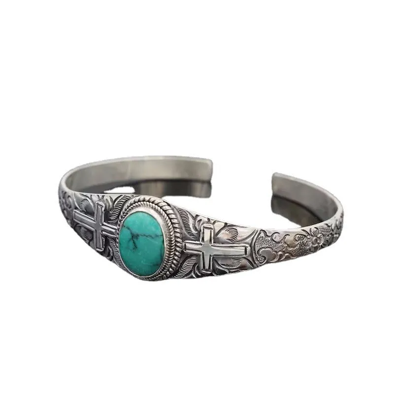 Vintage Carved Cross Turquoise Bracelet