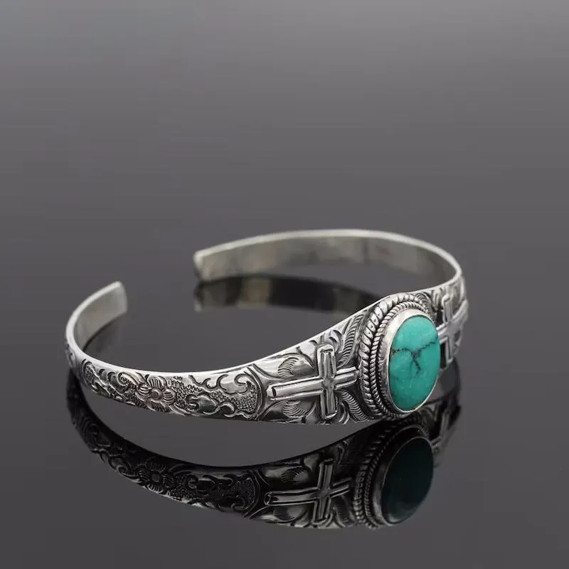 Vintage Carved Cross Turquoise Bracelet