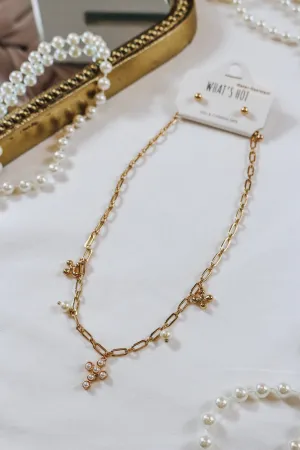 Water Resistant Gold Pearl Cross and Pearl Charm 16"-18" Necklace