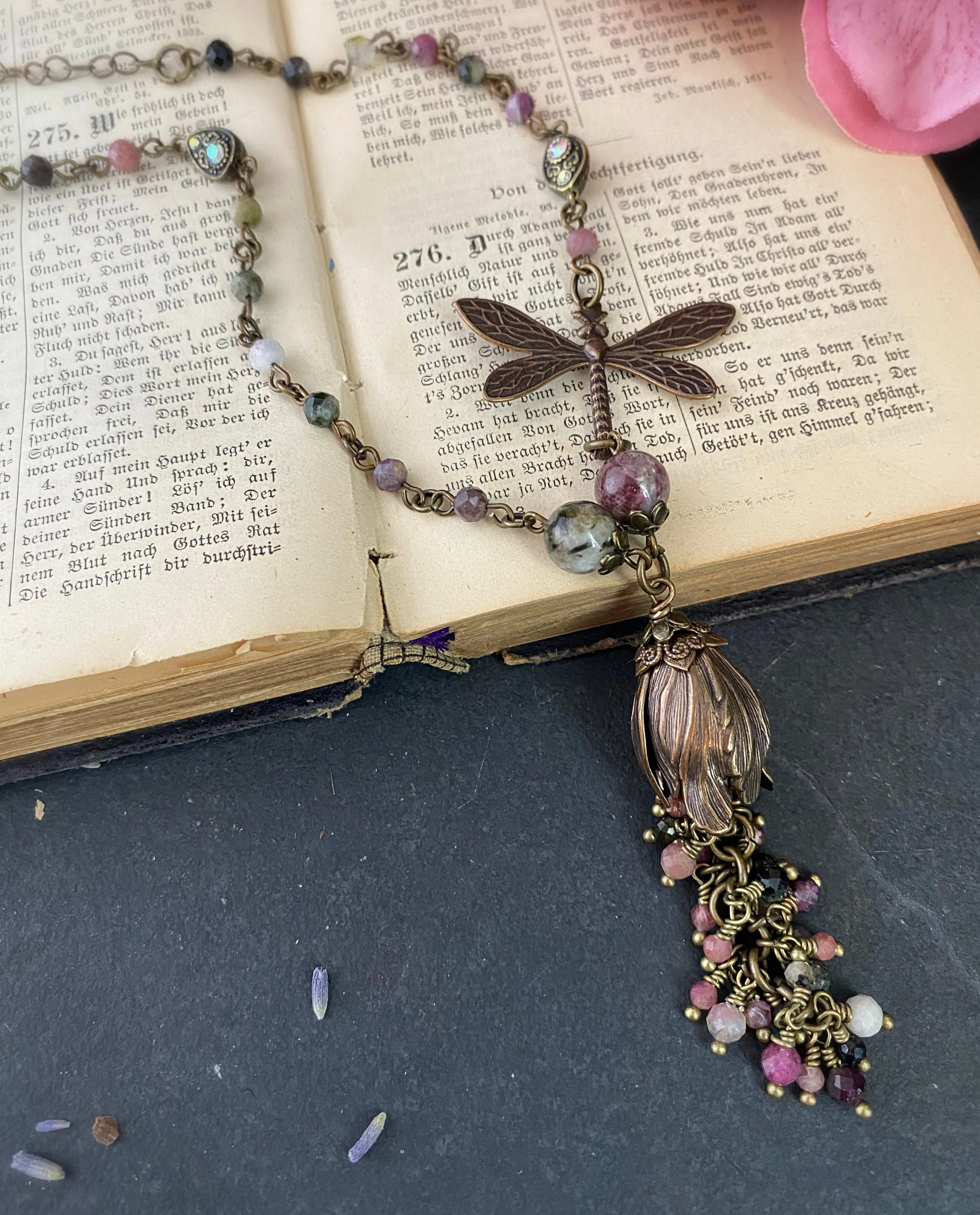 Watermelon tourmaline gemstone, dragonfly, flower, necklace, KIT