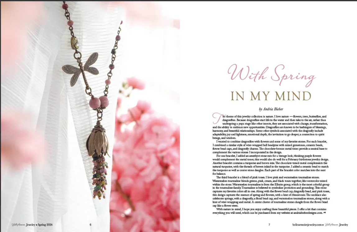 Watermelon tourmaline gemstone, dragonfly, flower, necklace, KIT