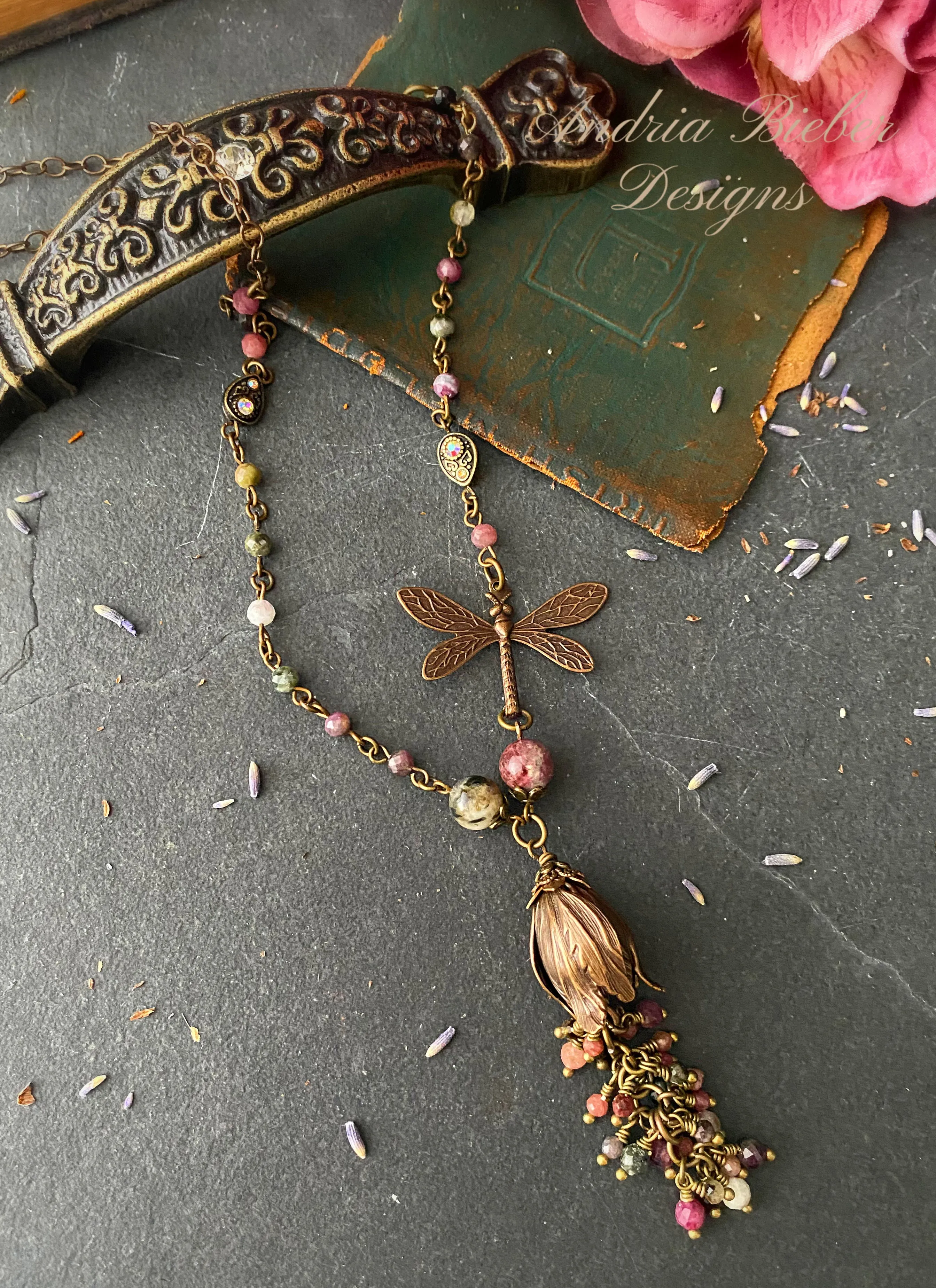 Watermelon tourmaline gemstone, dragonfly, flower, necklace, KIT