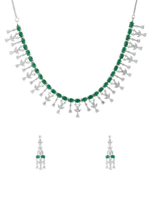 Yellow Chimes Diamond Necklace Set for Women | Green Stone Silver Necklace Set | AD Jewellery Set for Women | Silver Diamond Necklace Set | Birthday Gift for Girls & Women Anniversary Gift for Wife