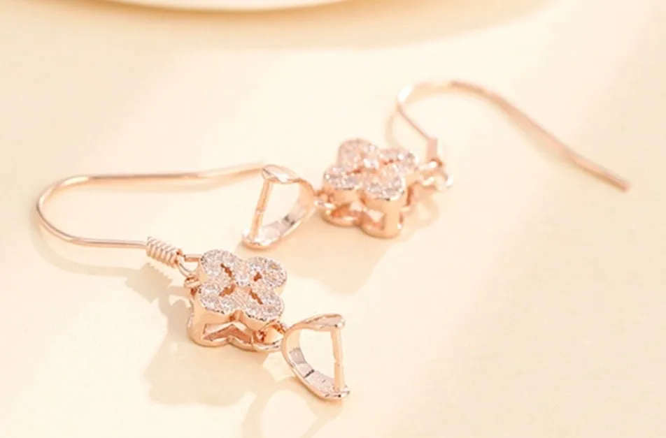 Zircon Flower Clip Earrings Hook Setting Tray Sterling Silver Rose White Gold Fine 925 3.5x4mm For One Bead No Prongs DIY Jewelry Wholesale
